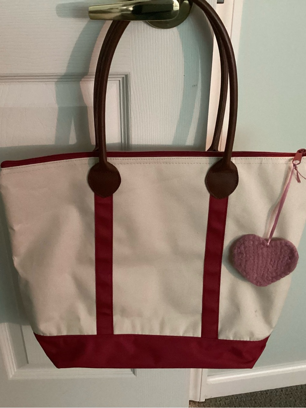 Canvas Tote Bag with red trim , Pink Accent removable heart  and Brown Handles